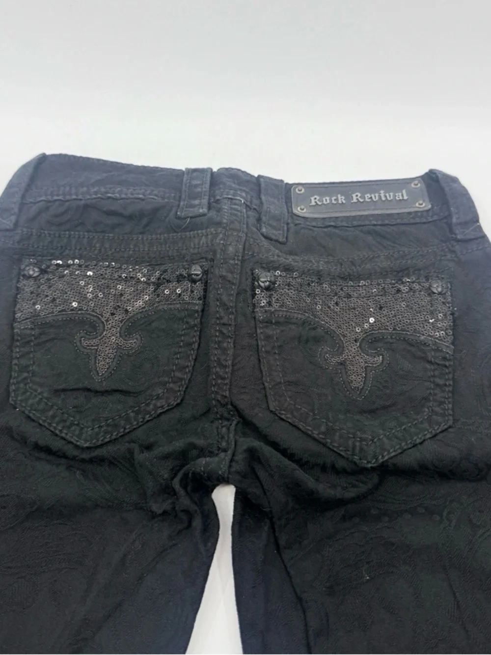 Rock Revival Black Paisley Print Size 24 Skinny Jeans Low Rise Sequin Pockets - Picture 7 of 9